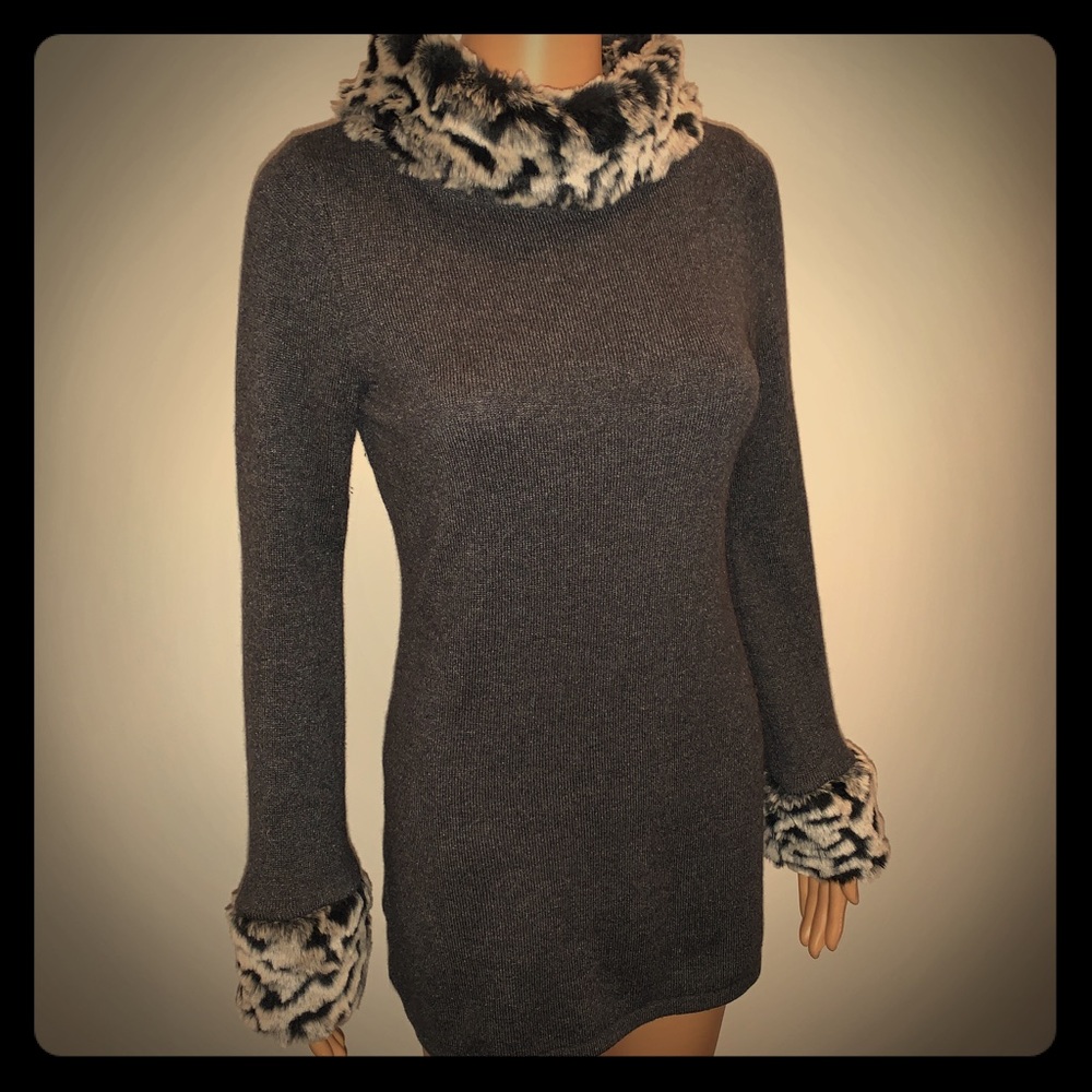 Grey Sweater with Faux Fur Collar and Cuffs